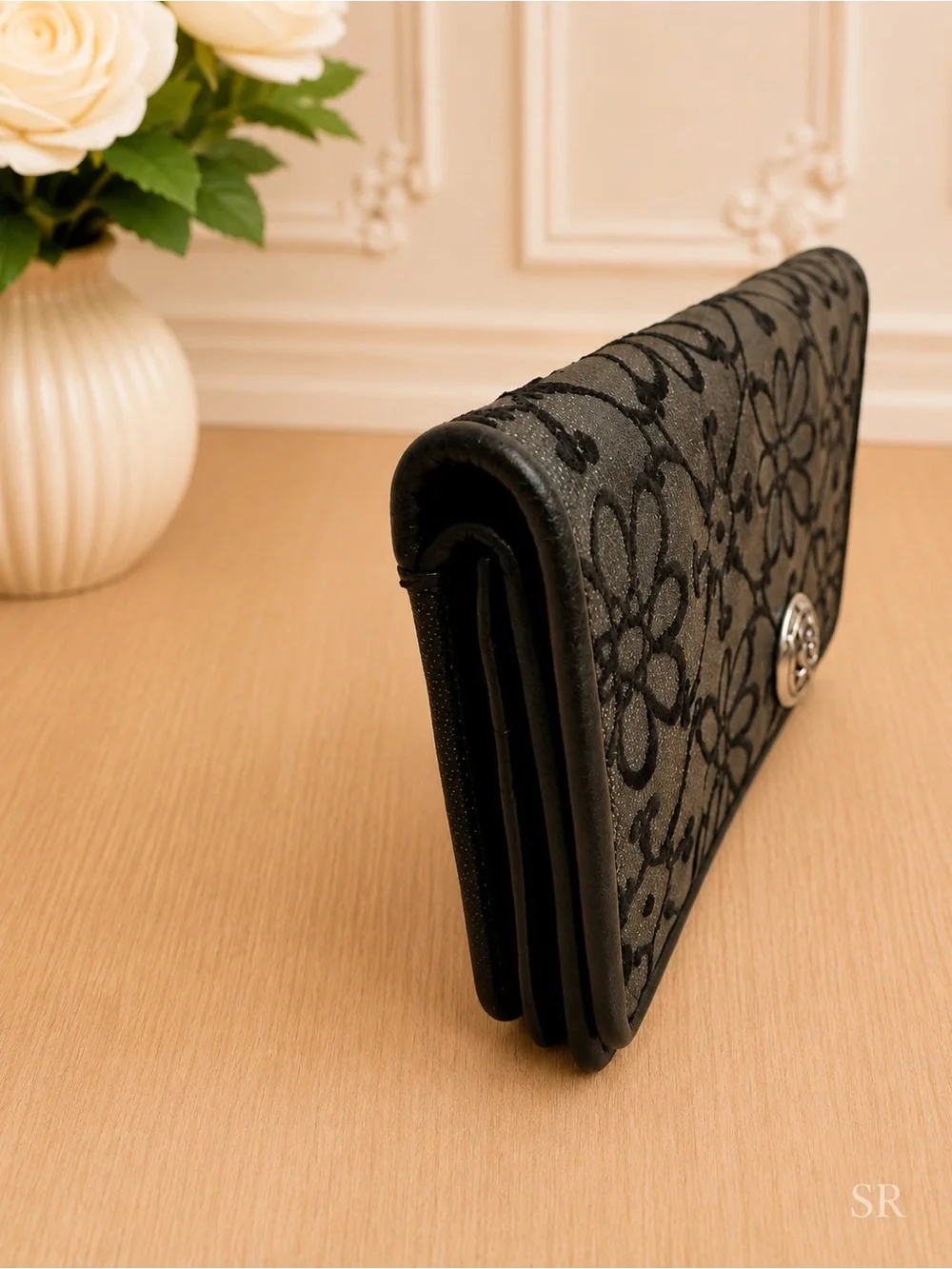 Brighton Valencia Black Leather Floral Embroidered Wallet Crossbody